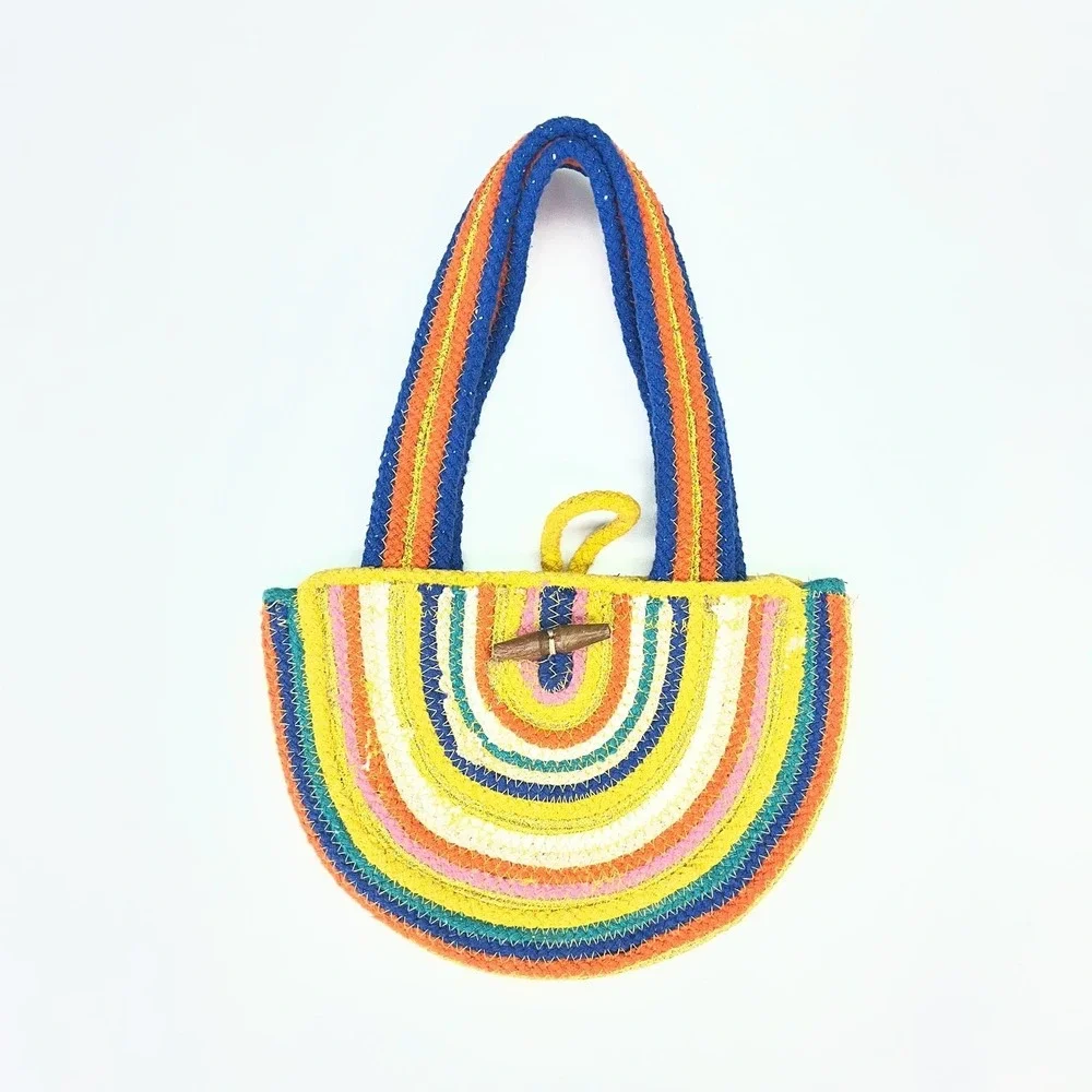 Fabulous MJ New York Rainbow Braided Rope Tote Bag Gold Metallic Toggle Small